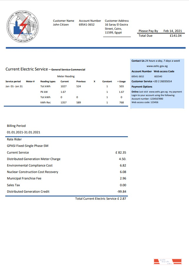 Egypt Egyptian Electricity utility bill template in Word and PDF format